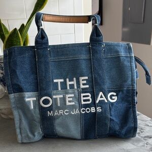 Patchwork Denim Embroidered Tote with Adjustable Strap and Handle